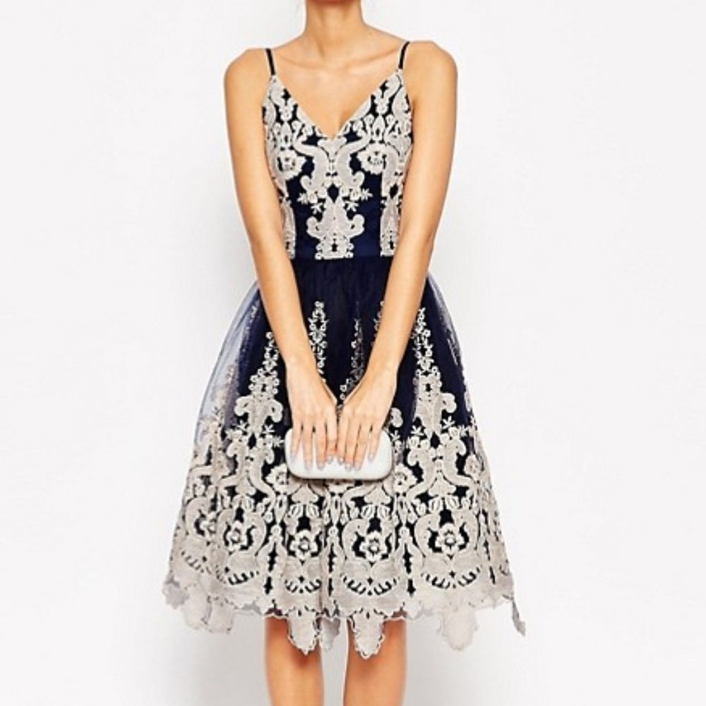 ASOS Chi Chi London Navy Lace Tulle Midi PromDress
